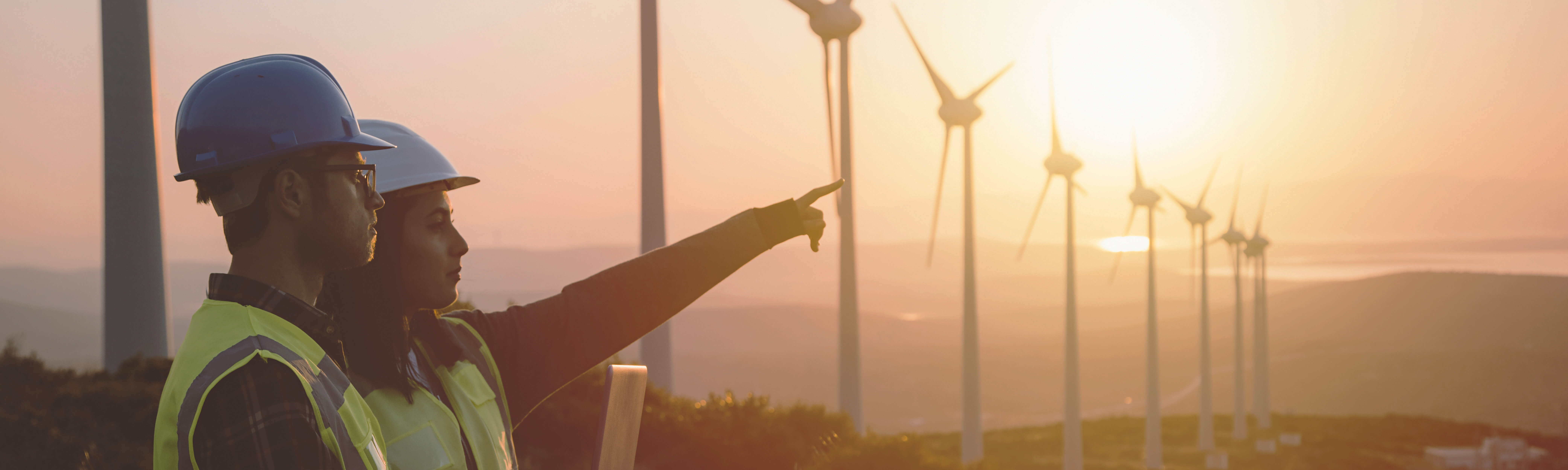 Construction workers pointing at windmills